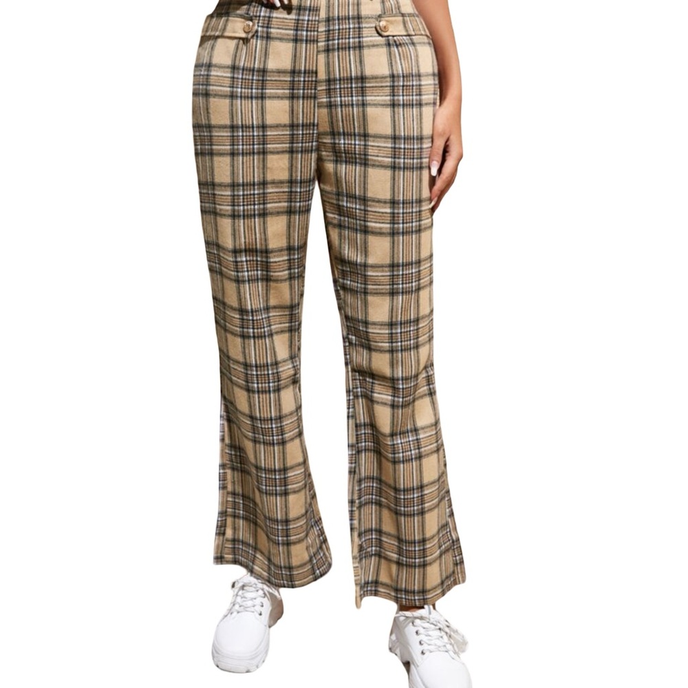 SHEIN Tan Boot Cut Flare Pants with Retro Plaid